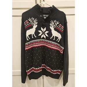 Chaps Sweater Men's Large Black Christmas Fair isle Reindeer Snowflake VTG